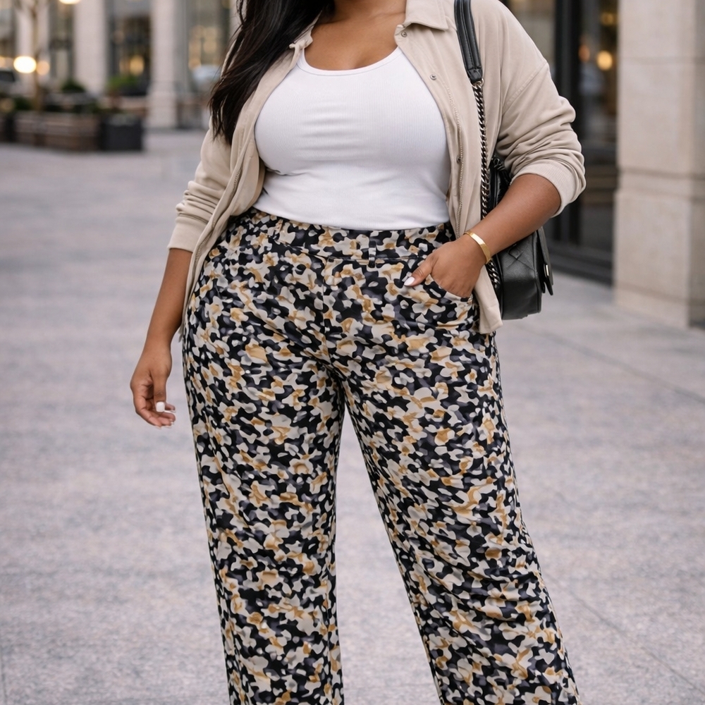 Plus-Size Printed Wide-Leg Pants - Beige/Black